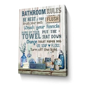 Bathroom Decor Canvas Wall Art Rustic Bathroom Rules Sign Picture Navy Blue B... - Picture 1 of 7