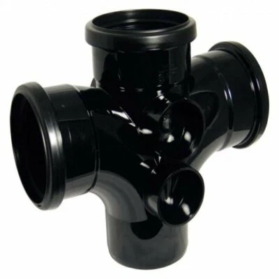 Floplast 110mm Cross Tee 4 - Way Double Branch 92.5° Black Push Fit - SP230 - Image 1 of 4