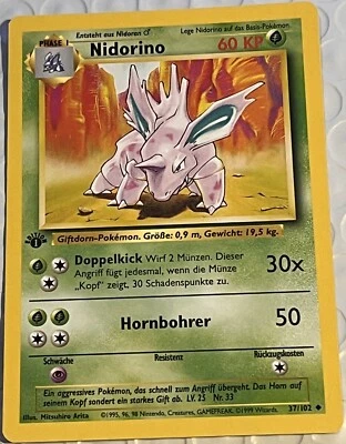 POKEMON Card GERMAN BASE SET 1st Edition "NIDORINO" 37/102 Uncommon Hi Grade NM - Image 1 of 2