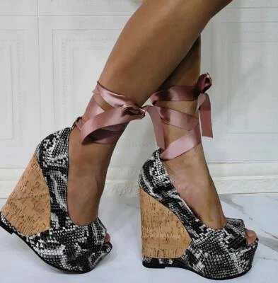 Mujeres Peep Toe Patrón de Serpiente Sexy Tacón de Cuña Con Cordones Zapatos Sandalias Tacones Foto 1 de 4