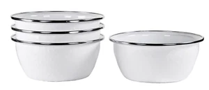 Pottery Barn Solid Enamel Bowls 6" Cereal Soup White with Silver Rim Set of 4 - Picture 1 of 6