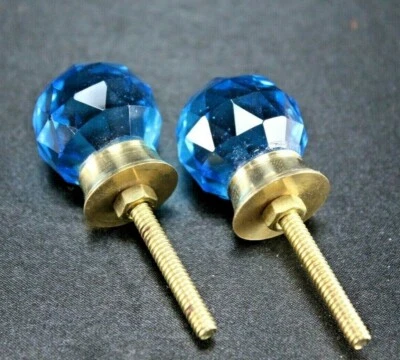 Sky Blue Diamond Cut Glass Door Knobs | Vintage Victorian Set of 2, Brass Base - Image 1 of 4