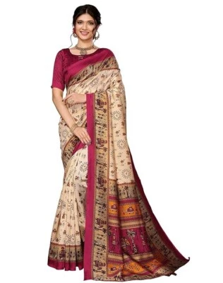 Sari de seda suave para mujer con pieza de blusa Bollywood diseñador indio beige Foto 1 de 4