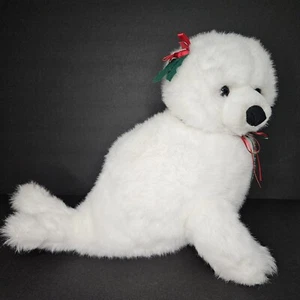 Gund Seal Peluche Bianco 1993 Fashion Bug Esclusivo 14” Imbottito Natale Agrifoglio Vintage - Foto 1 di 15
