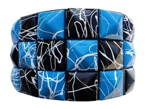 Black and Blue Crack line Checkered Studded Black Leather 9" Bracelet-Brand New! - Picture 1 of 4