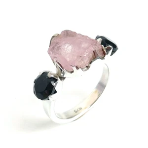 Natürlicher roher rosa Morganit & Onyx Ring, einzigartige handgefertigte Silberringgröße 7-HR414 - Bild 1 von 2