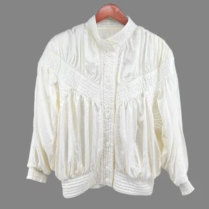 Vtg 80s Abraxas Women Crepe Pleated Windbreaker Jacket Medium Ivory Puff Sleeves - Picture 1 of 16