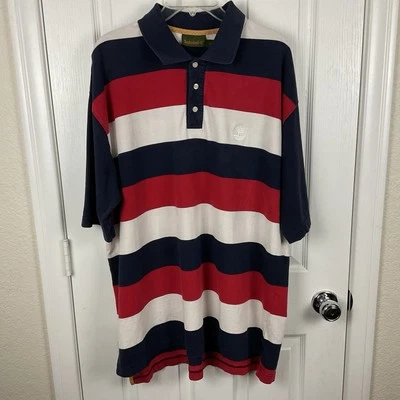 Camisa polo vintage Timberland para hombre roja/blanca/azul a rayas de algodón con cuello talla L Foto 1 de 4