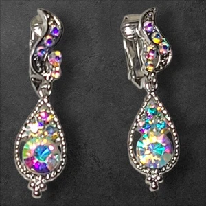 Pendientes colgantes con clip vintage glamurosos tono plata aurora boreal estrás - Imagen 1 de 6