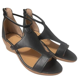 Faux Leather Open Toe Cutout Wedge Sandals Back Zipper Tan Sole Strappy Design - Picture 1 of 7