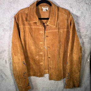 Chaqueta Coldwater Creek Cuero Gamuza Flecos, Marrón, Talla XL Cowboy Bull Recorte - Imagen 1 de 9