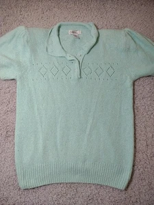 VTG SML Sport Women's Short Sleeve Silk And Nylon Sweater Pearl Buttons Teal M - Picture 1 of 14