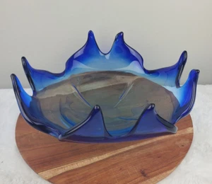 Handblown Dish Cobalt Blue Clear Art Glass Flame Tip Centerpiece Bowl - Picture 1 of 6
