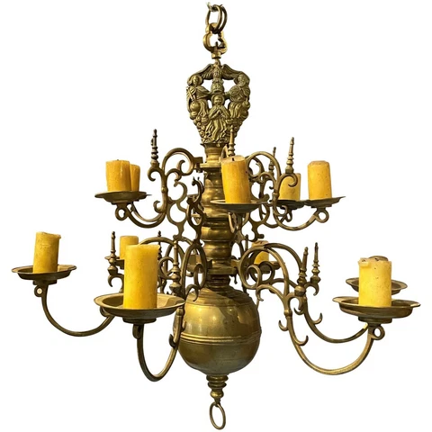 Fine 17th-18th Century Polish or Dutch Brass Two-Tier 12-Light Chandelier Cover