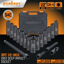18 Pcs 1/2-Inch Drive Deep Impact Socket Set SAE Inch Axle Hub Nut 6-Point CR-V