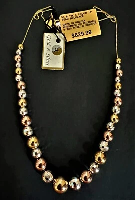 BRAND NEW 10K GOLD & STERLING SILVER 3 COLOR 18" BEAD NECKLACE WEIGHT 9.21 GRAMS - Image 1 of 4