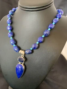 Mens Blue Lapis & Topaz Pendant Navajo Sterling Silver Turquoise Necklace 10273 - Picture 1 of 12