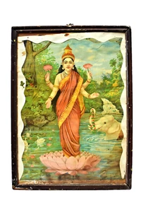 Antique Raja Ravi Varma Press Oleograph Lakshmi Goddess Frame Size 15 X 11" Old - Picture 1 of 5