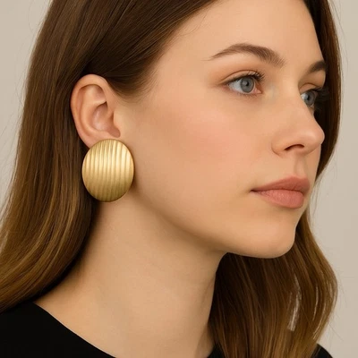 Vintage Earrings Estate Fine Jewelry Pre-Owned 14K Yellow Gold Oval Textured XXL - Image 1 of 4