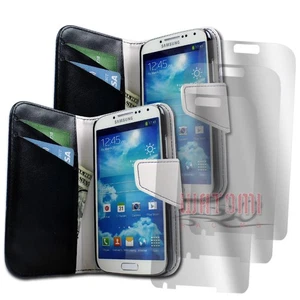 2X WALLET CASE COVER+SCREEN PROTECTOR FLIP PU LEATHER BLACK GALAXY S IV S4 I9500 - Photo 1 sur 2