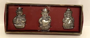 Juego de 3 adornos navideños vintage Gorham plateados muñecos de nieve caja original - Imagen 1 de 6