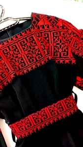 "Traditional Palestinian Embroidered Thobe | Black Dress Red Tatreez | Hand made - Picture 1 of 11