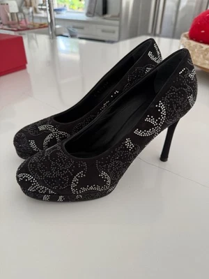 Chanel Logo Rhinestone Embellished Pumps Evening Heels Shoes 40.5 - Image 1 of 4