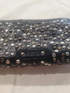 Frye Black Italian Leather Deborah Studded Zip-Around Distressed Wallet - Picture 1 of 12