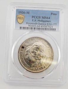 GEM BU LUSTER 1936 M Philippines Silver Peso Roosevelt Quezon PCGS Ms64 - Picture 1 of 4