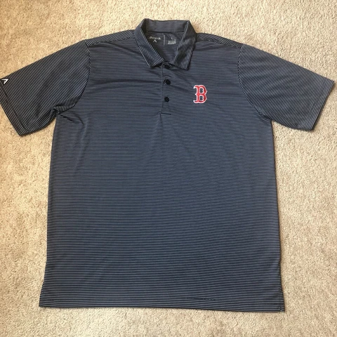 Boston Red Sox MLB Classic "B" Logo Striped Polo Men s Size L Short Sleeves Cover