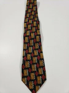 Richel Royal Mens Silk Necktie Geometric Pattern Gold Red Black  Made In Spain - Picture 1 of 2