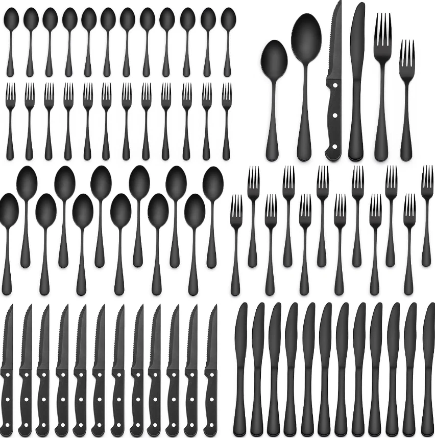 EWFEN 48-Piece Black Silverware Set for 8, Stainless Steel Cutlery Utensils Kitchen