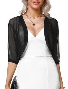 Women 3/4 Sleeve Sheer Shrugs Open Front Mesh Bolero Cropped Cardigan Black S... - Picture 1 of 7