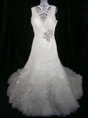 Custom NY Bridal Shop Wedding Dress 12 Ballgown Ruffles Lace Illusion Crystals - Image 1 of 4