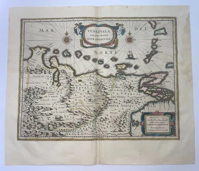 VENEZUELA 1642 WILLEM JANSZOON BLAEU LARGE ANTIQUE ENGRAVED MAP 17TH CENTURY - Image 1 of 4