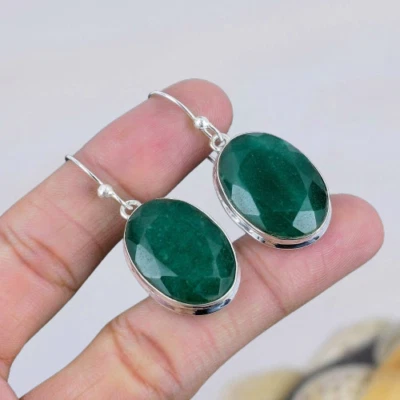 Emerald Silver Earring 925 Sterling Silver Handmade Earring Silver Earring - Image 1 of 3