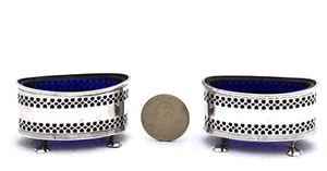 Pair English Sterling Silver Salts Dips Raised with Cobalt Blue Glass Inserts - Picture 1 of 12