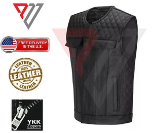 Men Black Genuine Leather Motorcycle Vest/Slim Fit Sleeveless Jacket/Biker Vest - Picture 1 of 3