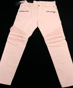 Balmain Paris Biker Tapered Ribbed Pink Distressed Denim Reißverschluss Jeans Herren 36x32 - Bild 1 von 13