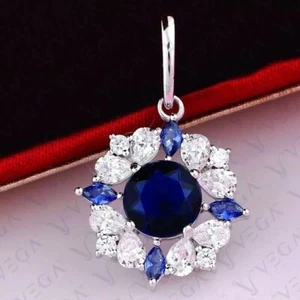 6.79ct Round Cut Natural Sapphire Diamond Solid 14K White Gold Pendant No Chain - Picture 1 of 10