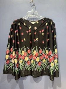 Vintage NPC Fashions, Cottage Core, Black Floral Boho, Bell Sleeve, 1960 XL - Picture 1 of 4