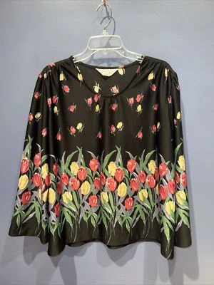 Vintage NPC Fashions, Cottage Core, Preto Floral Boho, Manga de Sino, 1960 GG - Imagem 1 de 4