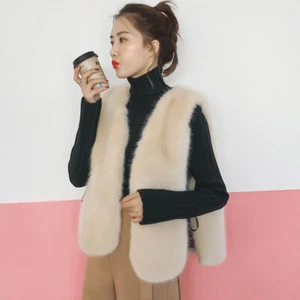 Lady Short Plush Furry Vest Top Gilet Waistcoat Tank Vneck Faux Fur Lace-up Warm - Picture 1 of 17