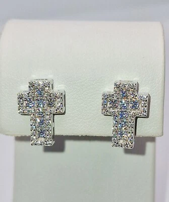 925 STERLING SILVER WHITE GOLD OVERLAY MENS WOMENS CROSS HIP HOP CROSS EARRINGS - Image 1 of 4
