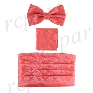New Brand Q  Polyester Paisley Cummerbund Bowtie Hankie Set Wedding Prom Coral - Picture 1 of 6
