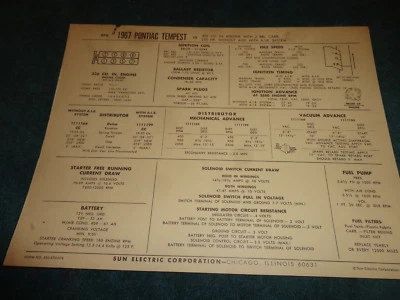 1967 PONTIAC TEMPEST 326 V-8 ENGINE SUN TUNE-UP CHART / WITH 2BBL CARB - Image 1 of 2