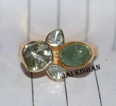 Hübscher Smaragd Edelstein Polki Diamant 925 Sterlingsilber Ring Damen Schmuck - Bild 1 von 4