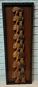 Wood Carved Elephant Framed Wall Art Of 7 Elephants Stacked Vertically - Picture 1 of 11