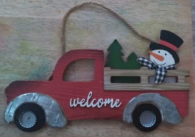 12" Wood & Metal Little Red Truck Hanging Christmas Decor~Buffalo Check Welcome - Image 1 of 4