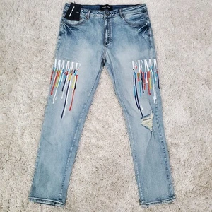Homme Femme Distressed & Logo Patch Jeans BRAND NEW Sz 36 Denim - Picture 1 of 8